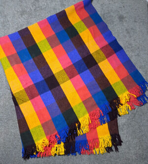 VTG Faribo 100% Wool Blanket Siesta Rainbow Checkered Plaid MCM Fringe Throw USA